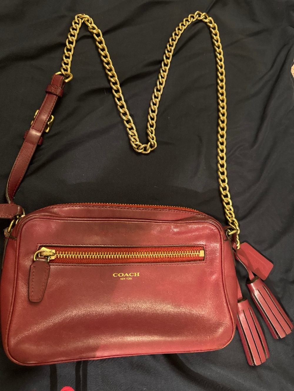 Coach New York Legacy Leather Camera Crossbody — Burgundy, Brass Chain & Tassel